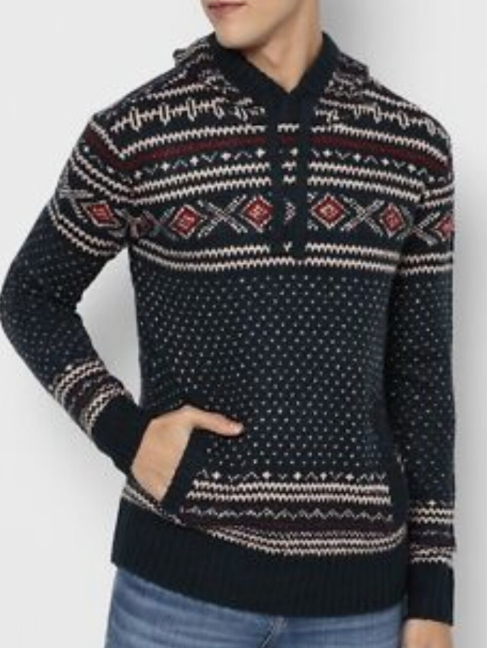 AMERICAN EAGLE Men's Navy Patterned Knit Hoodie Sweater, Medium, Front Pocket